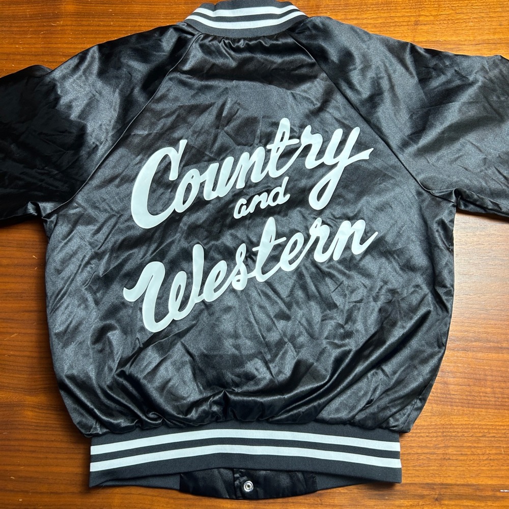 Vinyl Ranch Country and Western Satin Bomber Jacket Black Small Varsity Snap